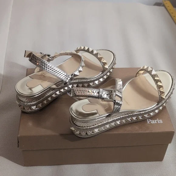 Christian Louboutin Madmonica Spiked Metallic Leather Sandals - Size 37 - Picture 1 of 15